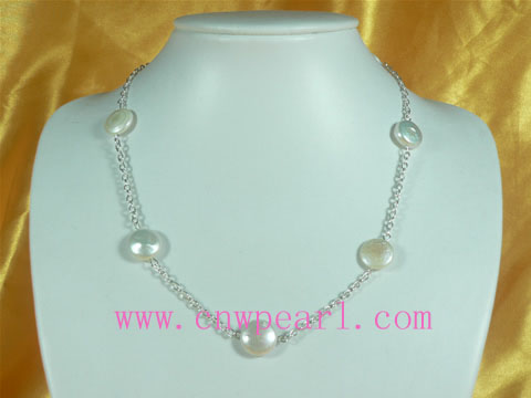 12mm white coin pearl with silver chain necklace
